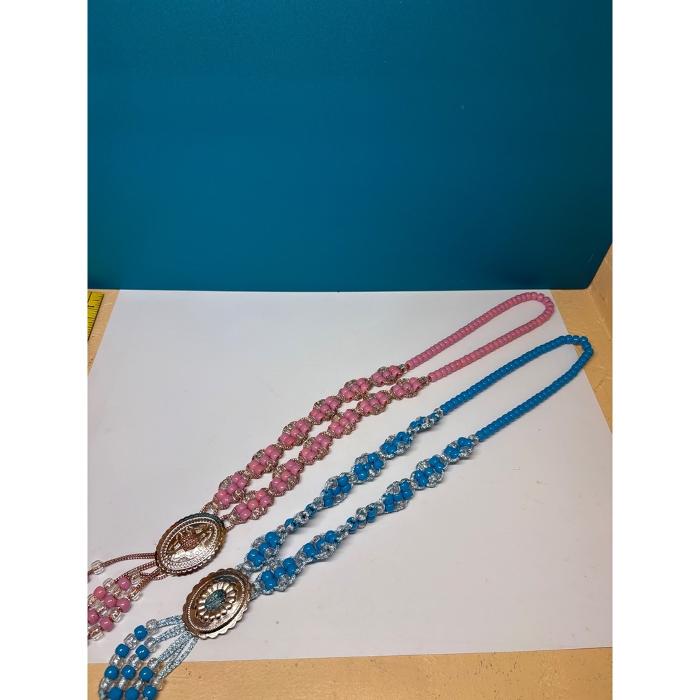 Vintage Style Beaded Concho Necklace Set Pink Blue Silver Tone Western Boho 20in